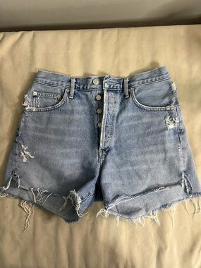 AGOLDE Dee High Rise Distressed Denim Shorts Size 28 Raw Hem Button Fly